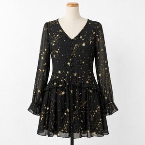 Celestial Moon Star Chiffon Mini Dress Size M Black Gold Long Sleeve Astrology